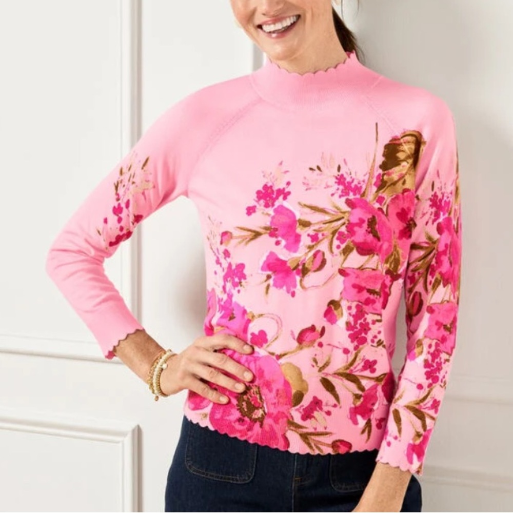 Talbots mockneck pullover pink watercolor bouquets 3/4 sleeve scallop edging- S